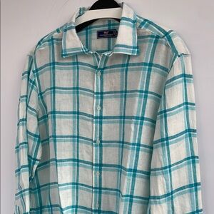 Vineyard Vines Blue and White Linen Tisbury Plaid Casual Shirt XL